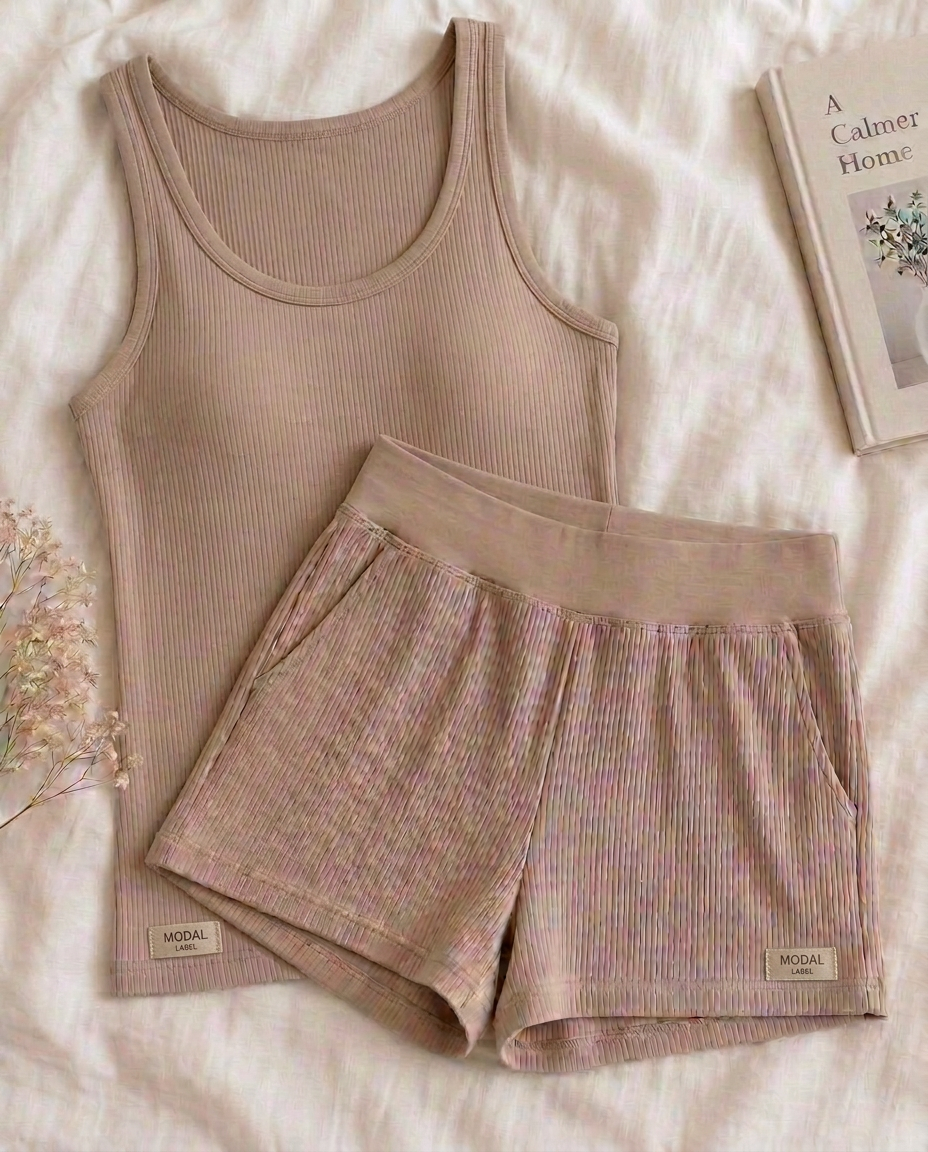 Flat lay of a latte ribbed modal singlet shown front-on with the gentle shaping of its built-in bust support, beside the matching pocketed shorts — both carry small MODAL LABEL tags
